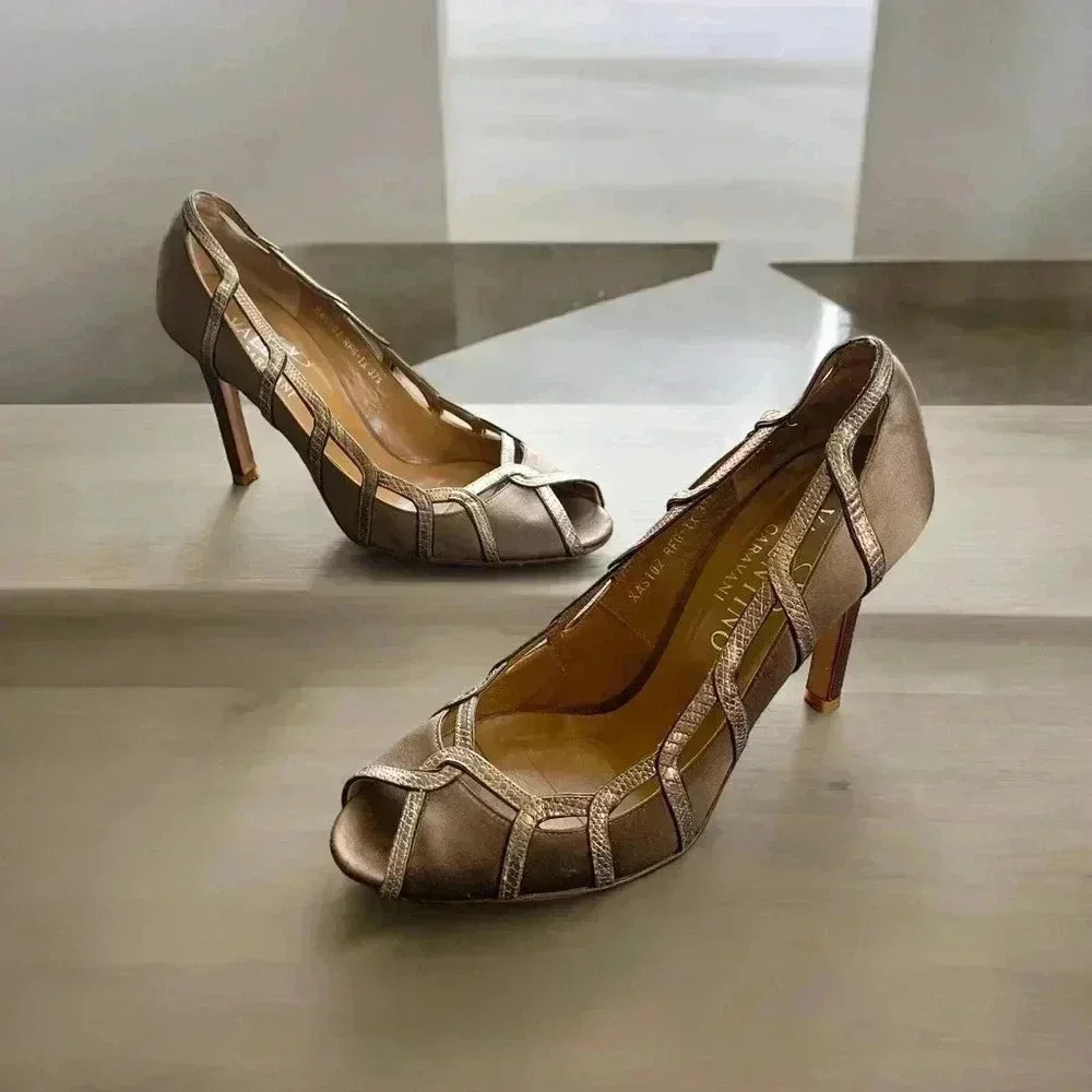 Valentino Garavani Size EU 37.5 Brown Satin Peep Toe Heels with Silver Trim